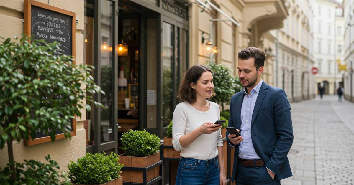 Woman and man looking at phones outside a restaurant in the old city of Vienna.