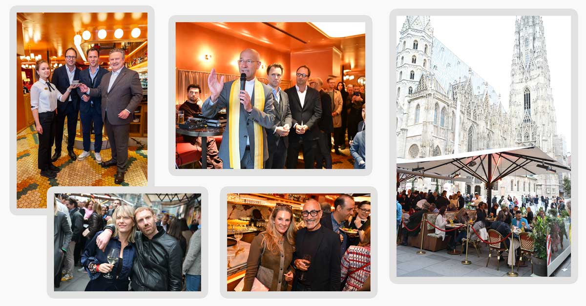Collage of the Café am Dom opening: includes Vienna’s mayor with the Figlmüller brothers, Toni Faber giving a blessing, the cathedral-facing café garden, and guests including Fiona Figlmüller, Maurizio Giambra, DJane Anna Ulrich, and Martin Grandits.