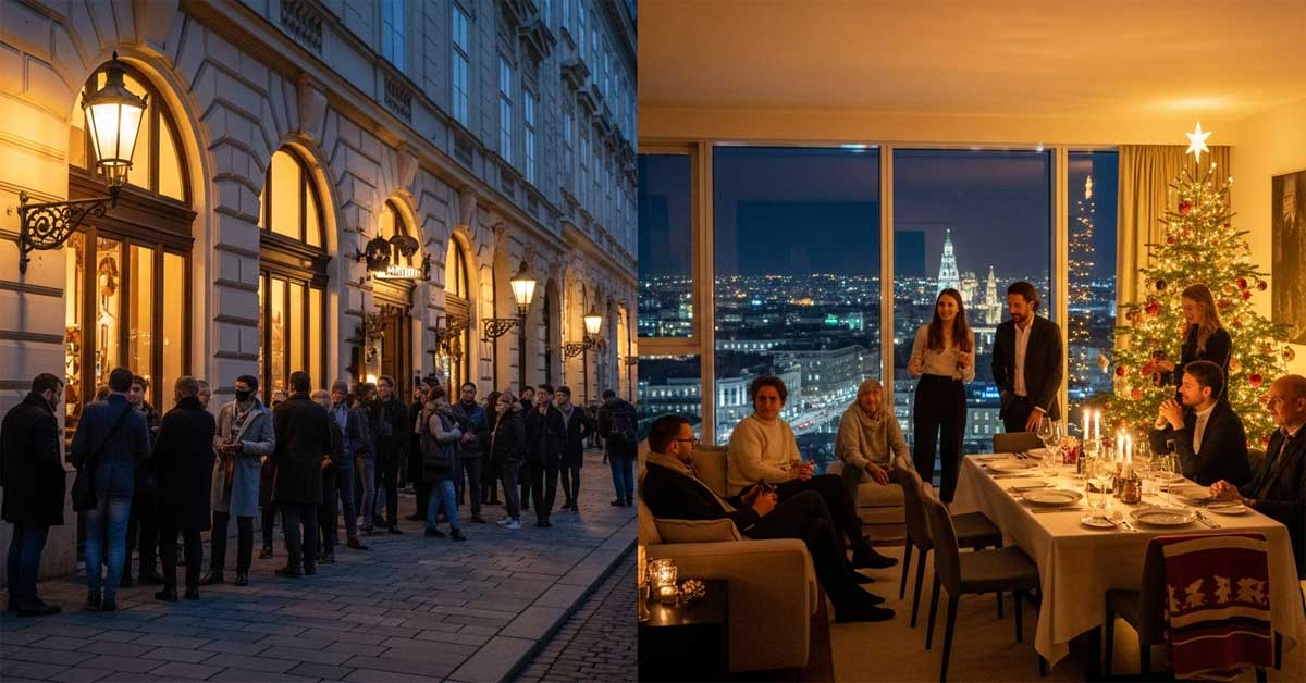 Split view of a street crowd outside and an indoor Christmas dinner party with a city view.