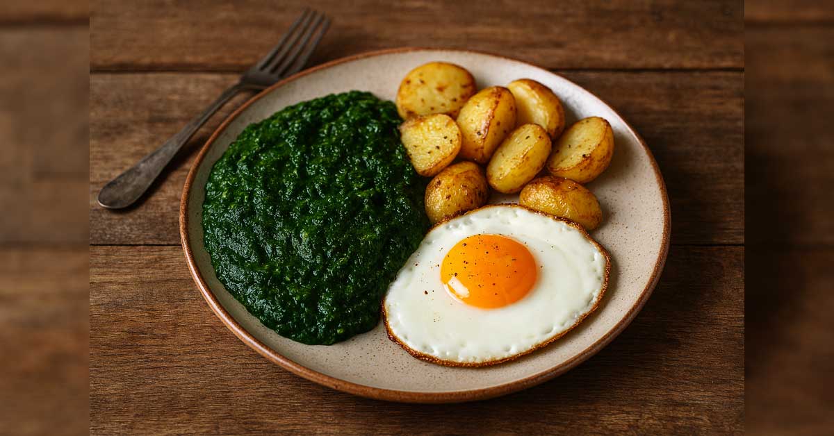 A rustic-style plate featuring classic Gründonnerstag fare: creamed spinach, a sunny side up fried egg, and crispy roasted potatoes. The image was generated by Fashion.at in collaboration with ChatGPT.