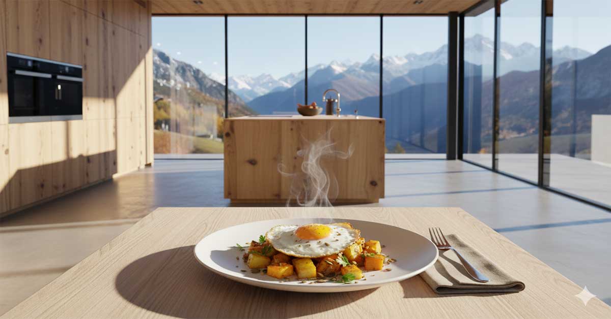 AI-generated image of a plate of steaming Autumn Harvest Gröstl (pumpkin, potatoes, and fried egg) on a wooden table in a luxury modern kitchen with floor-to-ceiling windows overlooking a panoramic view of snow-capped mountains.