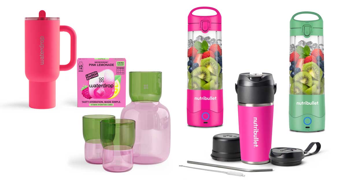 Pink and green hydration gear: Waterdrop bottle, microdrink pack, carafe set, and nutribullet blenders including magenta Flip.
