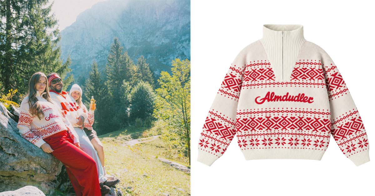 Models in Almdudler x Strawanza limited winter streetwear collection and product shot of the cream sweater with knit pattern and Almdudler lettering.