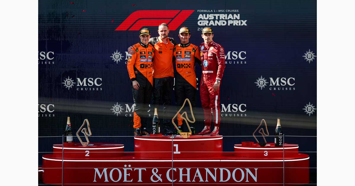 Charles Leclerc, Oscar Piastri and Lando Norris on the podium after the Formula 1 Austrian Grand Prix 2025 at the Red Bull Ring in Spielberg.