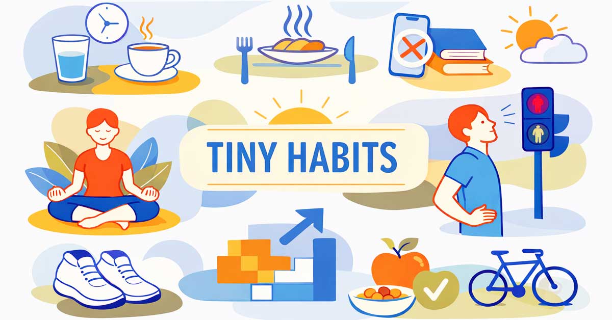 Illustration of tiny habits for everyday wellbeing in fresh, light colors.