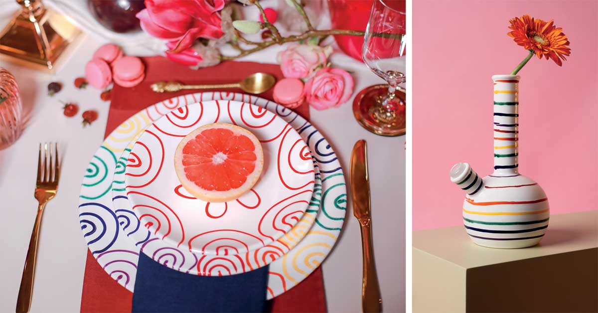 Rainbow ceramic tableware and colorful ceramic bong from Gmundner Keramik’s Pride-inspired collection