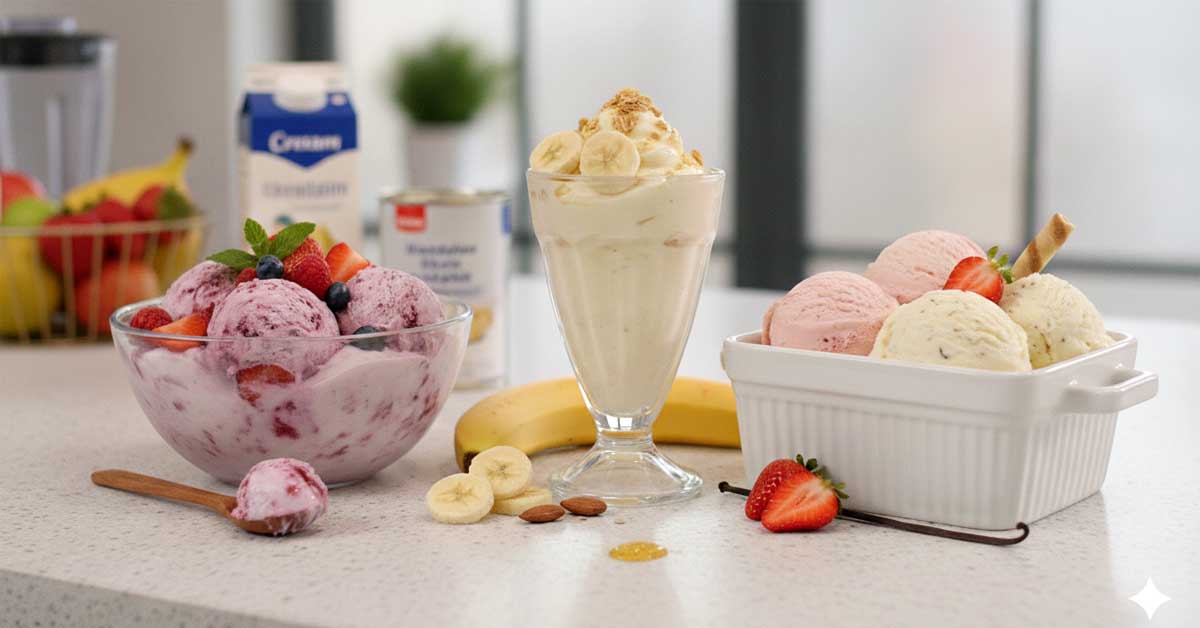 Homemade berry yogurt ice cream, banana nice cream and strawberry-vanilla ice cream served with fresh fruit on a kitchen counter.