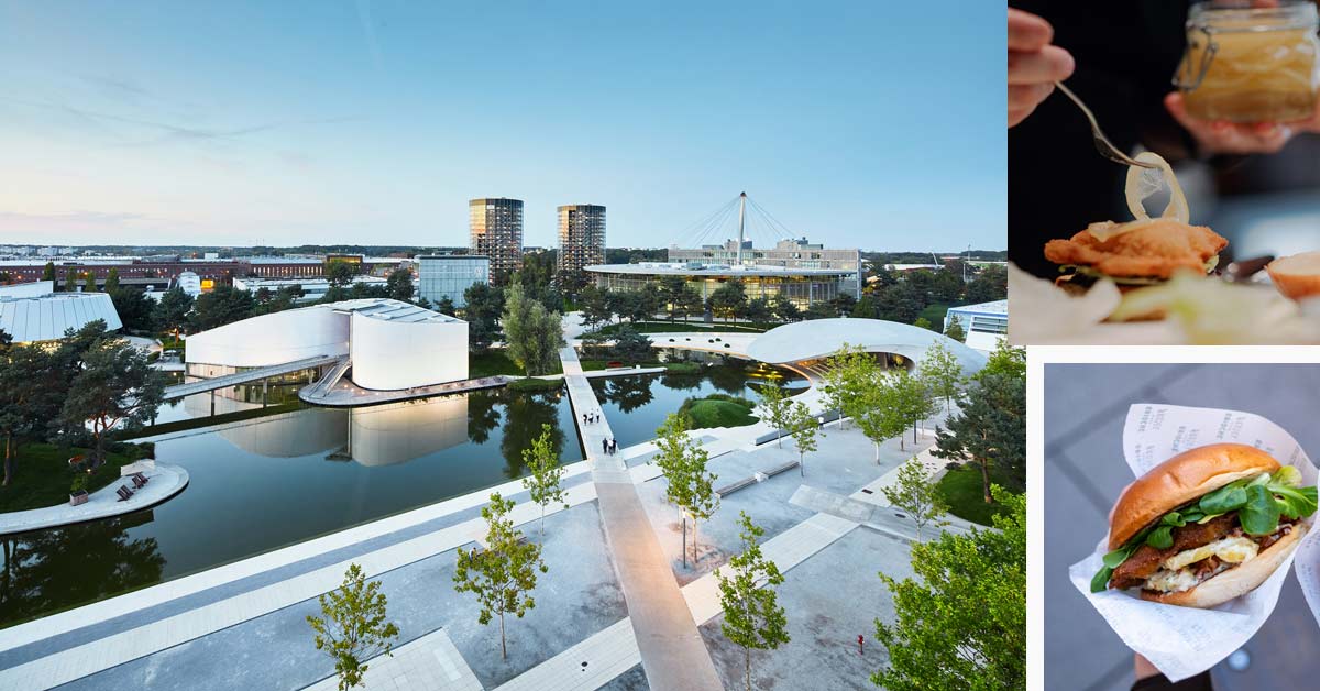 Autostadt Wolfsburg and Figlmüller street-food dishes including a burger and Viennese-style food.