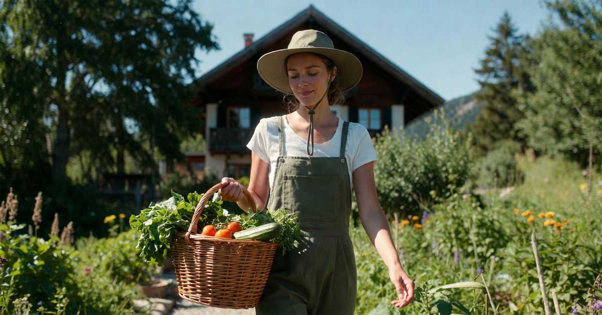 Young woman in sun hat and green overalls carrying a basket of freshly harvested vegetables in a beautiful sunny mountain garden next to a traditional Austrian chalet house.