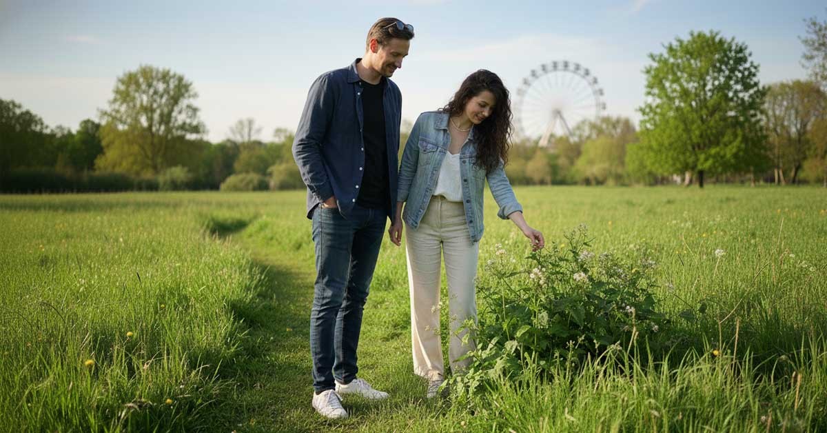 A couple in a green field, a Ferris wheel in the background.