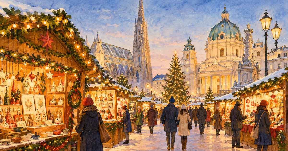 Illustrated Vienna Christmas market with craft stalls, festive lights and historic buildings.