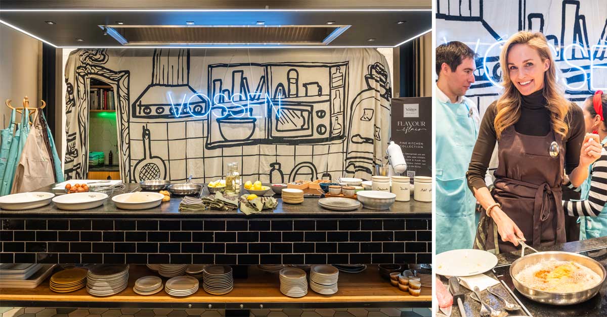 Vossen kitchen textile collection displayed on a worktable in Figlmüller's Schnitzel Academy in Vienna. Right: Patricia Kaiser preparing Wiener Schnitzel at the live cooking session.