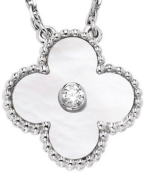 fig.: The Alhambra Vintage is created after the original design of 1968. The special edition for Christmas 2009 with a pendant in white mother-of-pearl, white gold, and a diamond in the centre will be available from November 2009. The clover design stands good luck and eternity.