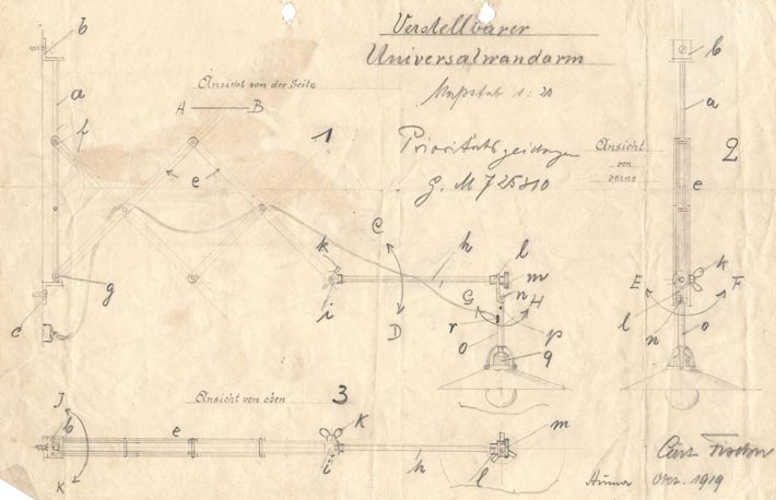 Drawing of the adjustable wall arm 'Verstellbaren Universalwandarm', utility model, 1919, by Curt Fischer (1890-1956). Photo: © Midgard-Archiv, Hamburg.