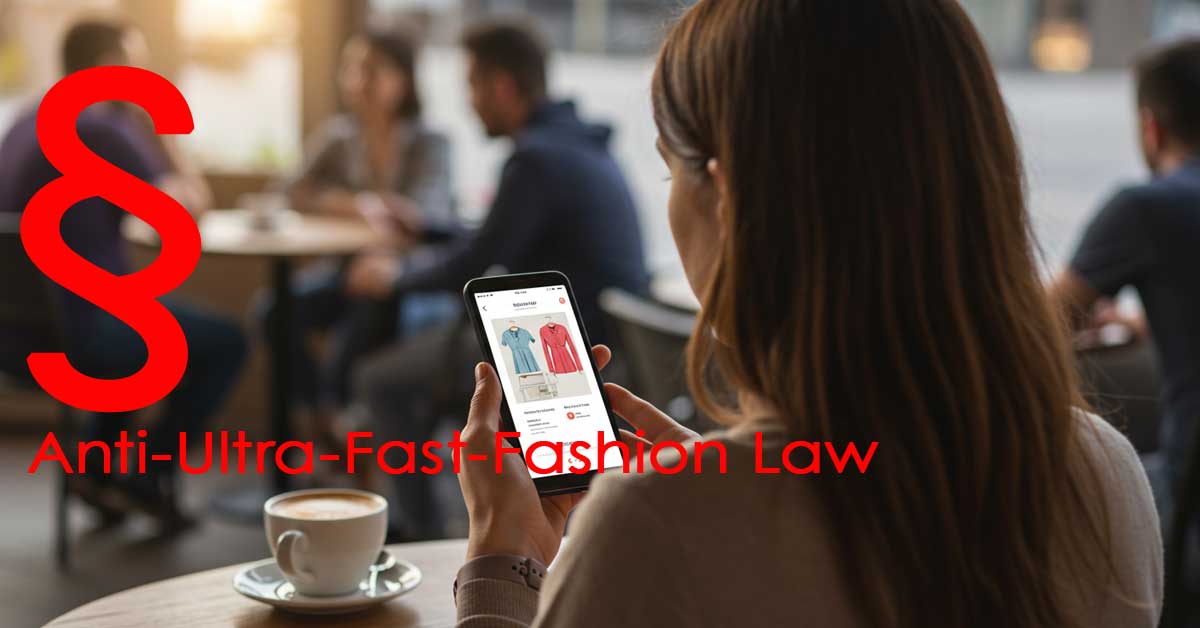 The AI-generated picture is an over-the-shoulder view of a woman with long brown hair sitting at a table in a café, browsing a clothing retail app on her smartphone. A cup of coffee is on the table, and other café customers are blurred in the background.