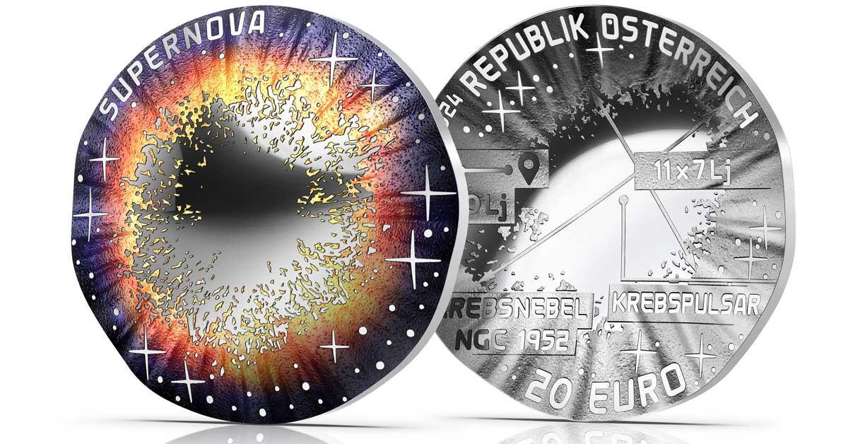 Close-up of Austria’s 2025 Coin of the Year, 'Supernova' – a uniquely shaped, concave silver coin featuring a vibrant Crab Nebula motif. Photo: © Münze Österreich AG.