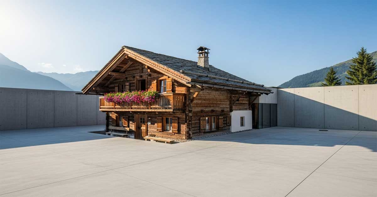 A traditional wooden Alpine chalet, symbolizing Austrian culture and nature, is trapped and isolated within a vast, sterile concrete courtyard, illustrating the paving over of the nation's heritage and nature.