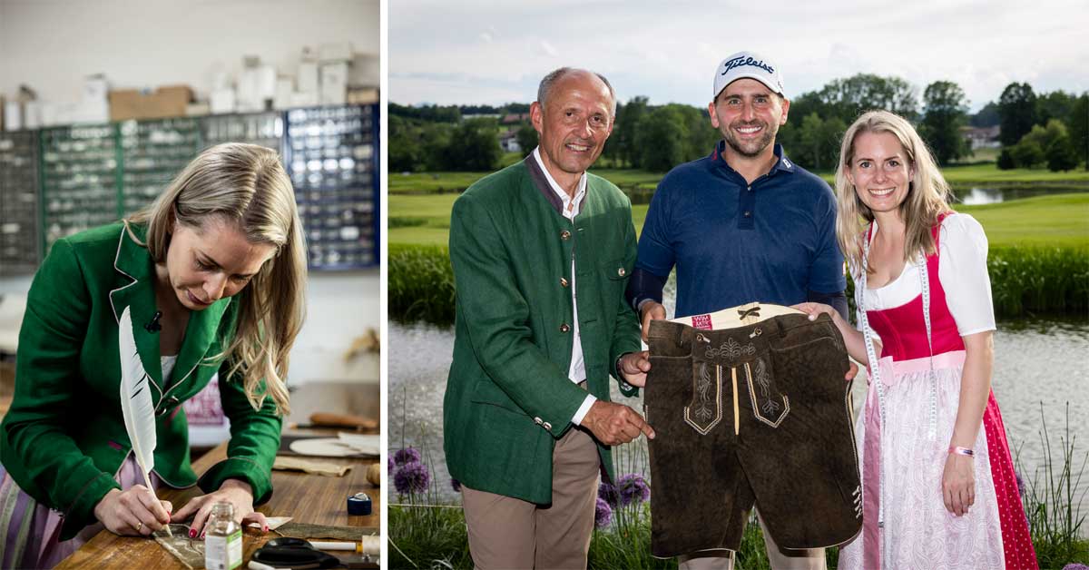 Left: Monika Ebner begins tailoring the winner's Lederhose by tracing chalk outlines. Right: Leo Bauernberger, Nicolai Von Dellingshausen, and Monika Ebner present the symbolic Lederhose. © Hetfleisch / SalzburgerLand