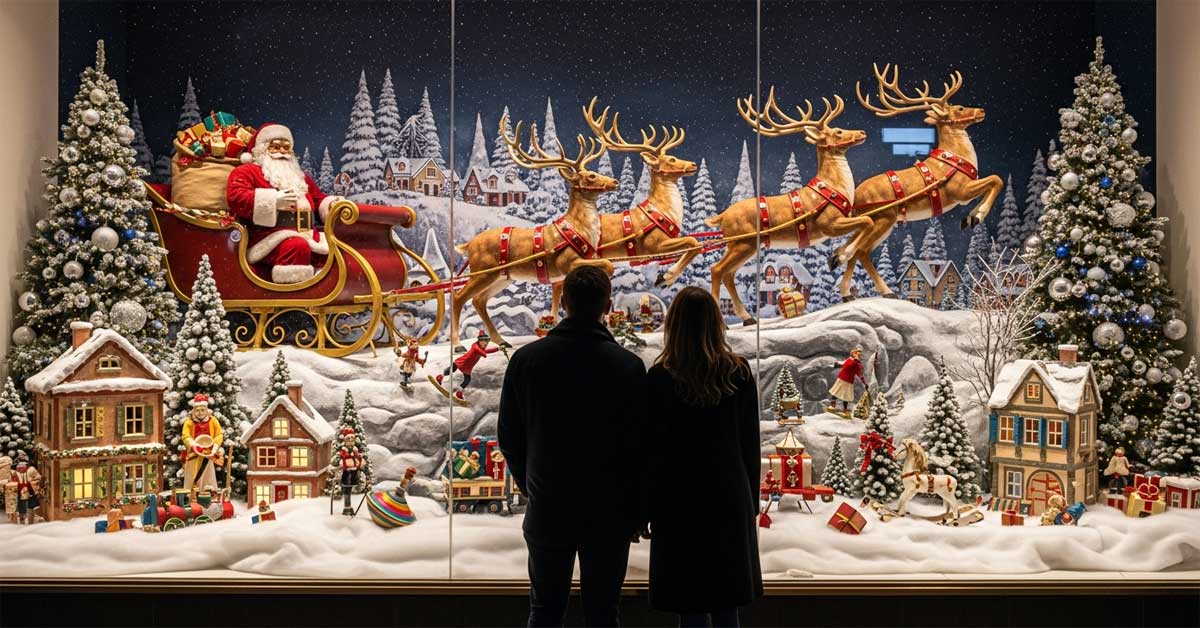 A couple viewing a large, festive Christmas window display featuring Santa in a sleigh pulled by reindeer, decorated trees, and a detailed snowy village scene.