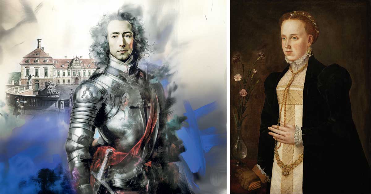 Portraits of Prince Eugene of Savoy (KI-generated and watercolor) and Philippine Welser, displayed side by side.