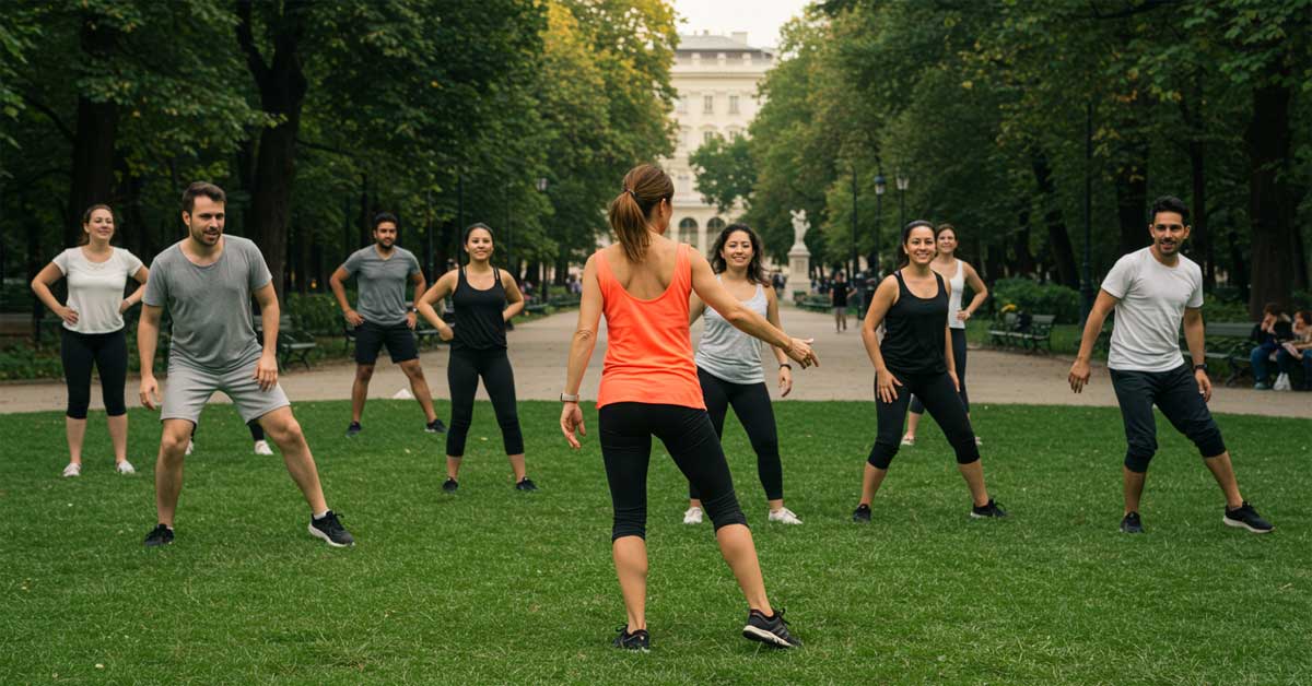 Group of people exercising outdoors in a park fitness class led by an instructor.