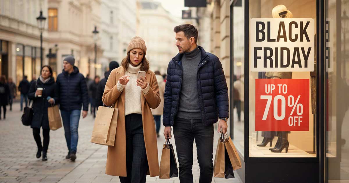 A man and a woman walk down a busy city street with shopping bags, passing a store window displaying a large 'Black Friday Up to 70% Off' sign.