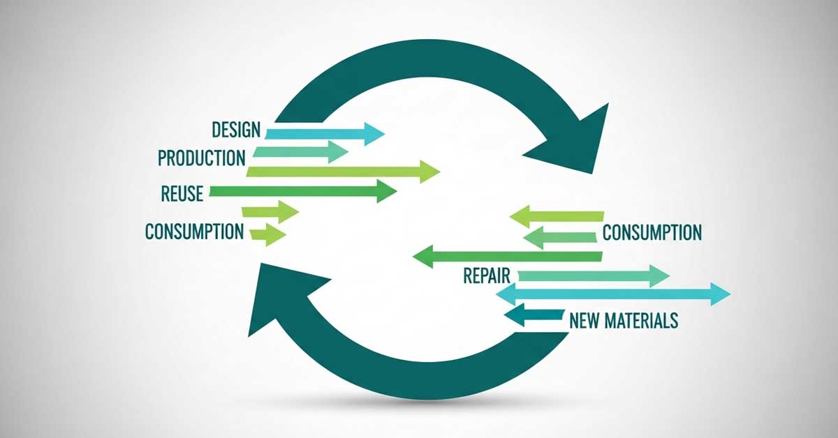 An infographic of a circular economy. A large circular arrow contains smaller arrows labeled DESIGN, PRODUCTION, REUSE, and CONSUMPTION on the left. On the right, arrows for CONSUMPTION, REPAIR, and NEW MATERIALS show the flow of resources back into the system and the introduction of new ones.