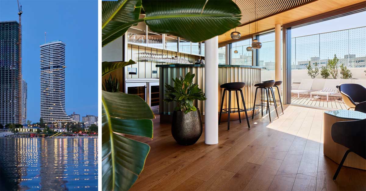 The Danube Flats high-rise tower beside the Danube and interior view of a lounge with bar, plants, and terrace seating.