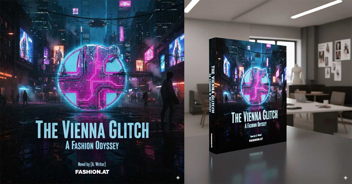 AI-generated book cover for 'The Vienna Glitch: A Fashion Odyssey' showing a neon cyberpunk city with the Fashion.at logo as a glitchy circuit board. The right image is a 3D render of the book on a table in a fashion editorial studio with design elements.