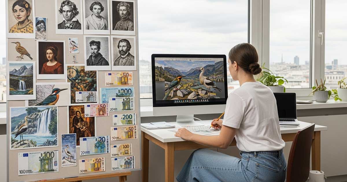 A female designer sits at a desk in front of a window, creating a banknote design on her computer. To her left is a large mood board filled with inspirational images of portraits, birds, and currency.