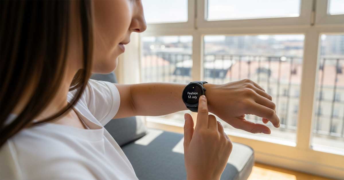An over-the-shoulder view of a woman touching her smartwatch. The screen is illuminated with a calendar reminder that reads 'Fashion 12 July.'