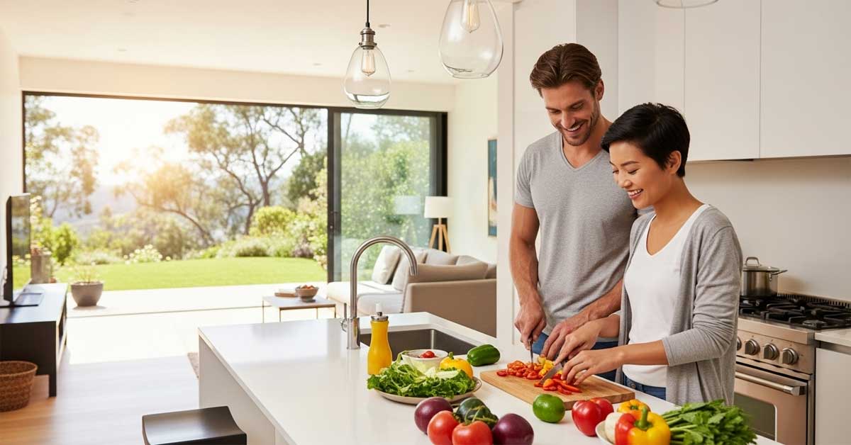 A smiling man and woman stand together in a modern, sunlit kitchen, chopping colorful fresh vegetables on a white island counter. Large glass doors in the background open to a green, sunny yard.