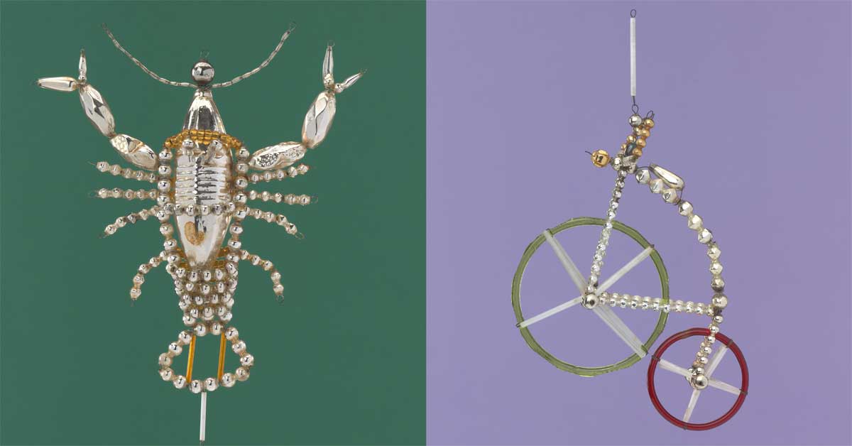 Lobster and bicycle Christmas tree ornaments from Gablonz, made of glass beads and wire. © MAK/Christian Mendez