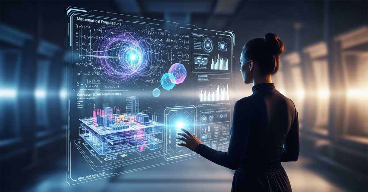 A woman interacts with a futuristic, transparent holographic display showing intricate mathematical equations, computer architecture, and glowing data visualizations.