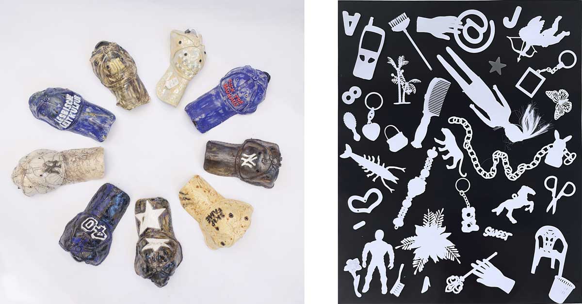 Left, ceramic baseball caps arranged in a circle. Right, a black-and-white photogram showing toy packaging silhouettes.