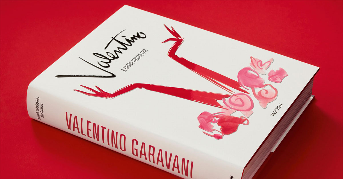 Book cover of 'Valentino. A Grand Italian Epic', TASCHEN's hardcover monograph in red, edited by Armando Chitolina with texts by Suzy Menkes and Matt Tyrnauer