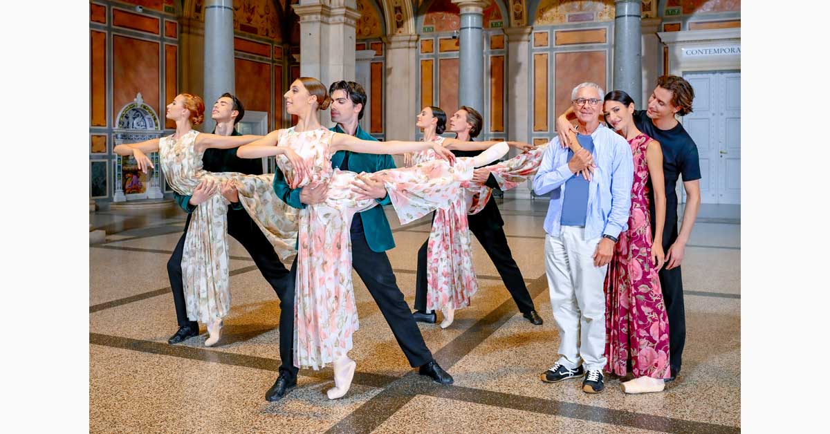 Vienna State Ballet dancers Alaia Rogers-Maman, Victor Cagnin, Gaia Fredianelli, Calogero Failla, Natalya Butchko, Géraud Wielick, Ketevan Papava, and Timoor Afshar with choreographer John Neumeier at the MAK, rehearsing for the 2026 New Year's Concert ballet.