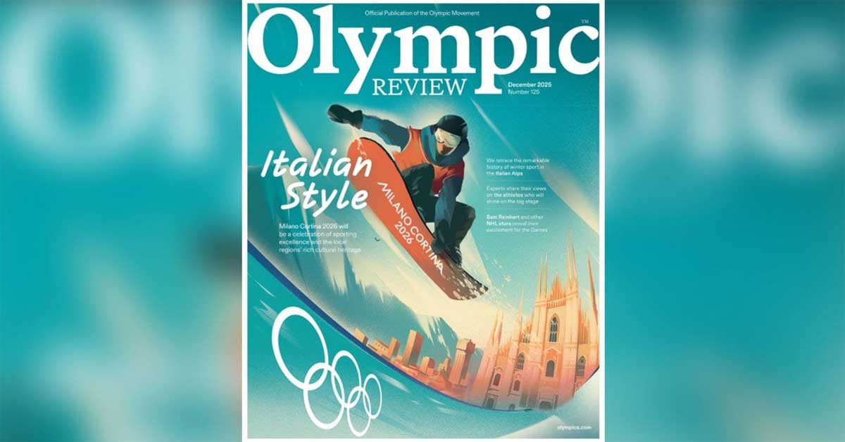Olympic Review cover with Italian-inspired design for Milano Cortina 2026 Winter Games.