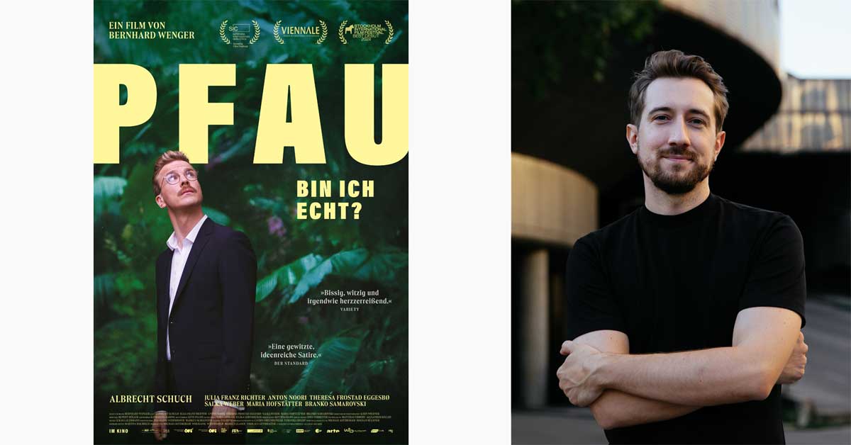 Poster of the film 'Peacock' (Pfau - Bin ich echt?) with actor Albrecht Schuch as Matthias on the left, and portrait of director Bernhard Wenger on the right. Photo: © Hannah Schwaiger.
