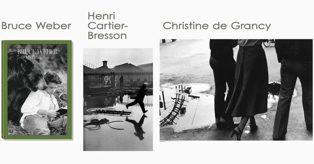Photographic triptych featuring: the cover of Bruce Weber's book My Education (TASCHEN, 2025); Henri Cartier-Bresson's iconic 1932 photo Behind Saint-Lazare station in Paris; and Christine de Grancy's 1976 image of Vienna's Prater. Cartier-Bresson and Grancy exhibitions at Foto Arsenal Wien.