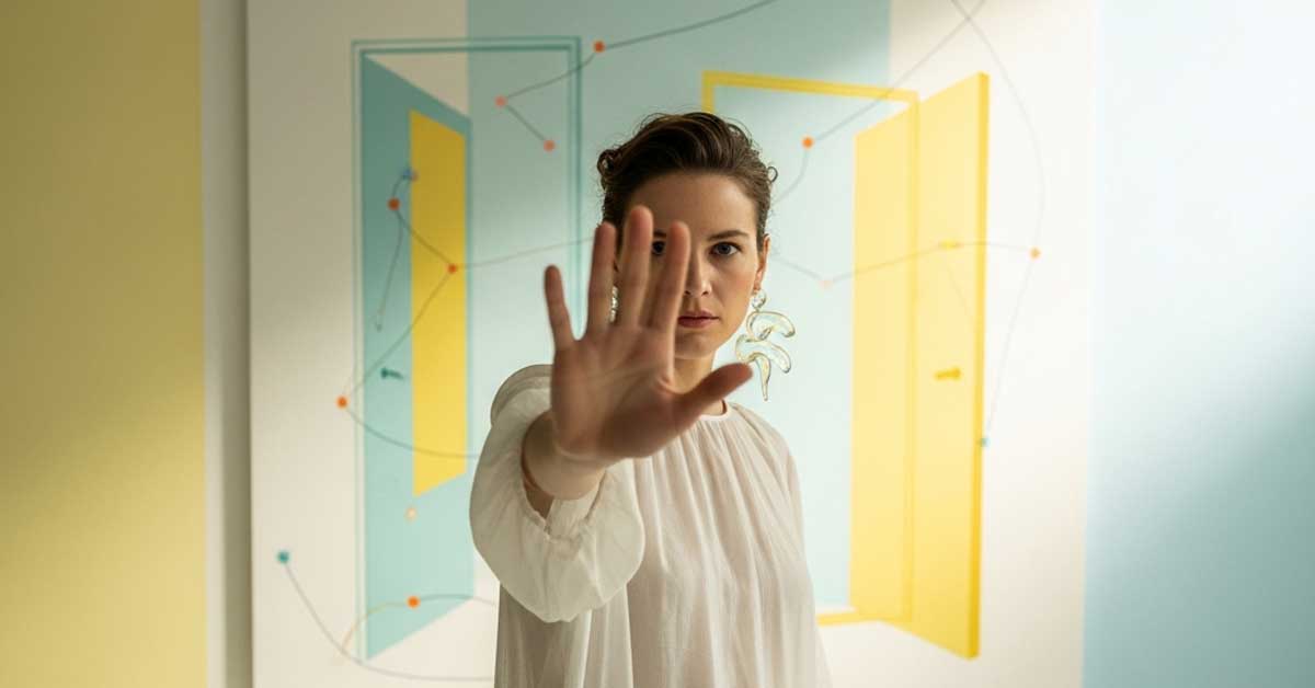 A woman in a white dress with her hand outstretched, as if to say 'stop,' stands in front of a modern art piece with blue, yellow, and white geometric shapes.