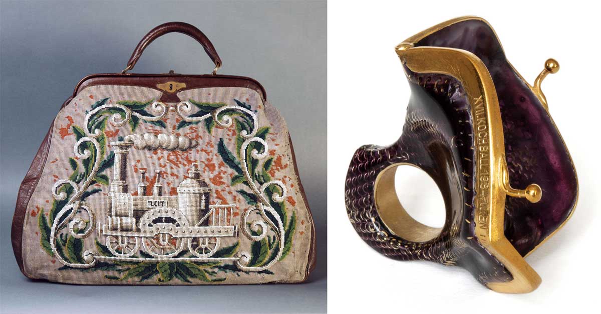 19th-century Austrian embroidered travel bag next to a sculptural ring by Petra Zimmermann made from a vintage metal clutch, acrylic, amethysts, and gold-plated silver.