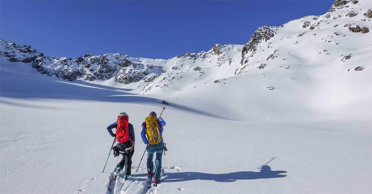 Ski touring ascent near Amberger Hut in the Ötztal Alps under winter conditions.