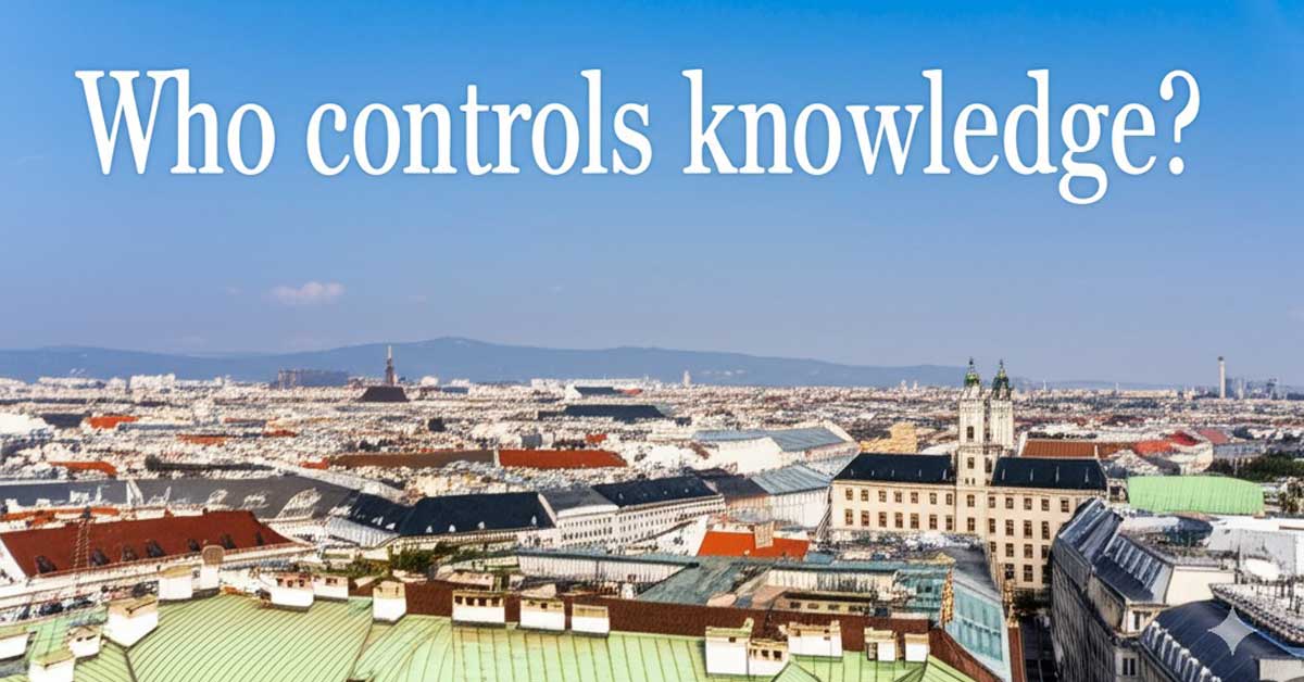 Image: A digitally generated image of a cityscape featuring the text 'Who controls knowledge?' The image was created by Fashion.at using Google's Gemini 2.0 Flash model on March 30, 2025.