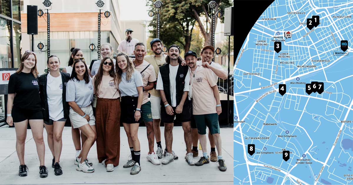 Left, Calle Libre 2025 team posing together outdoors. Right, a blue map marking numbered live painting spots in Vienna’s Meidling district. © Jolly Schwarz, courtesy of Calle Libre.