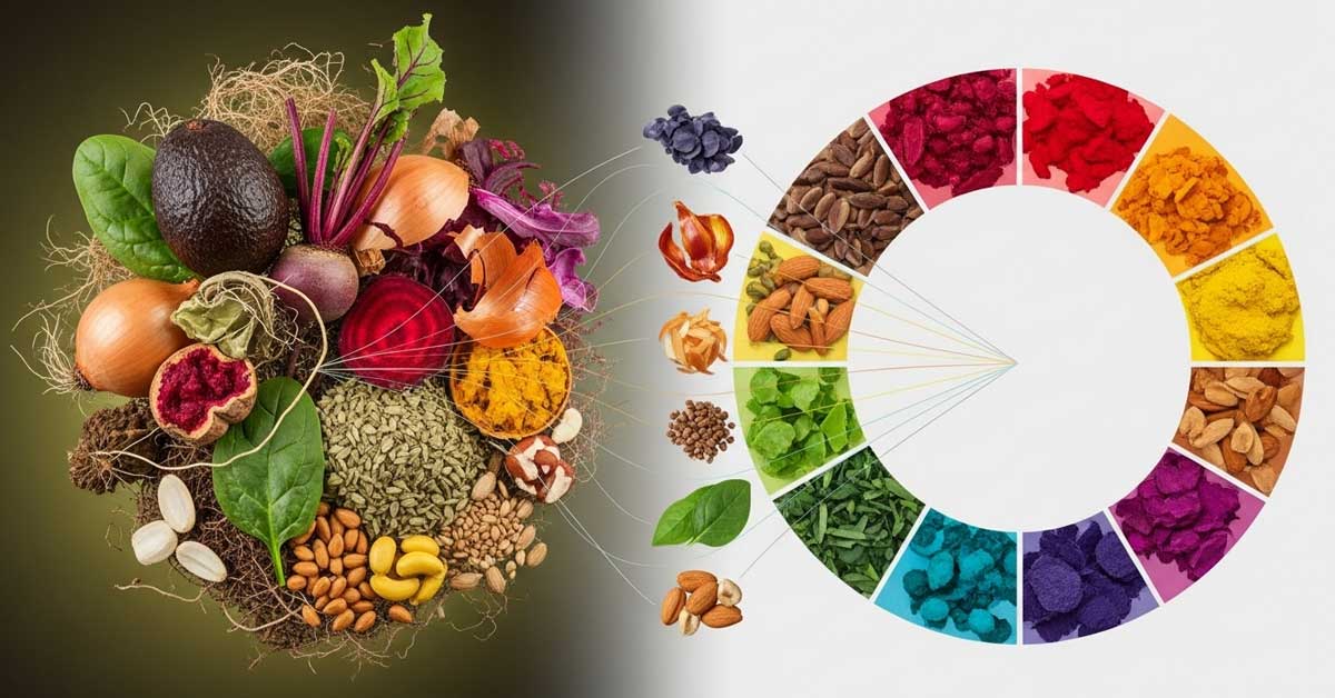 An illustration of natural food pigments, showing raw vegetables, nuts, and spices on the left, and a corresponding color wheel of derived powders and dried foods on the right.