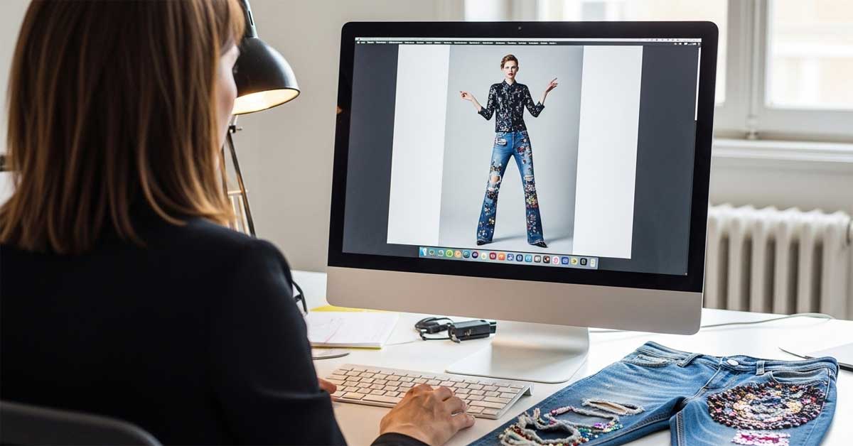 Over-the-shoulder view of a woman at a white desk working on a large computer. The screen shows an AI-generated fashion photo of a model wearing embellished flared jeans, and a physical pair of the same jeans lies on the desk next to the keyboard.