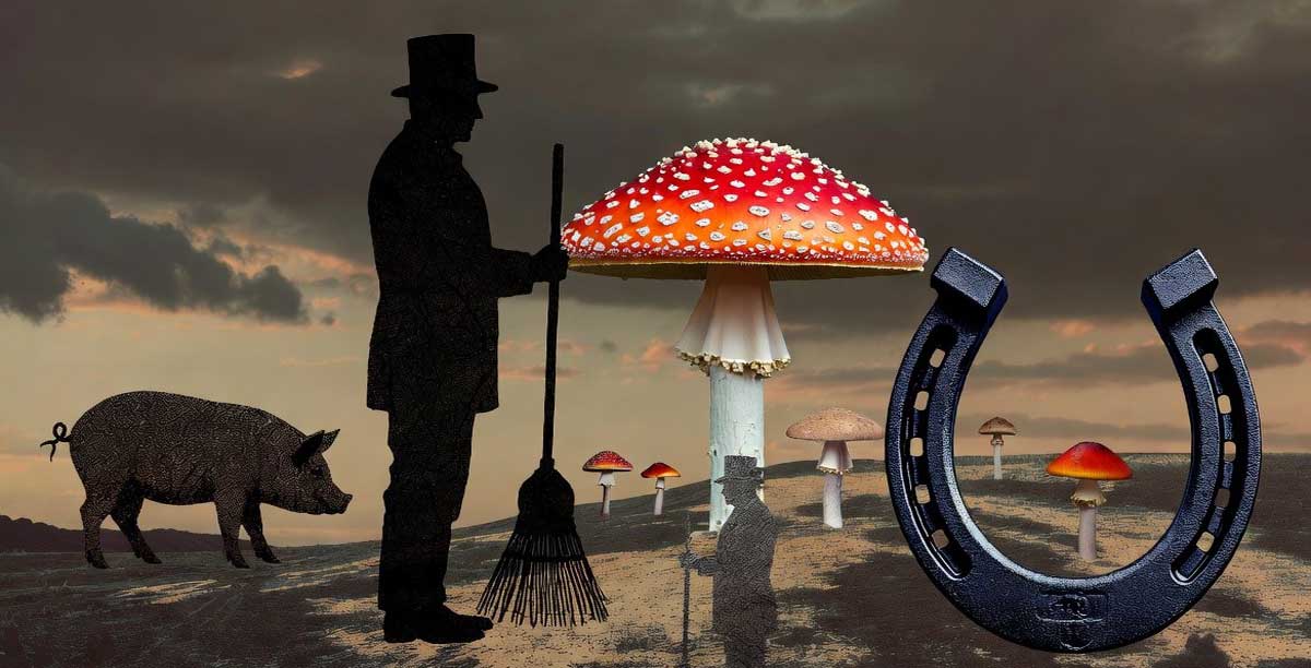 Surreal art of New Year luck symbols: chimney sweep, pig, giant fly agaric mushroom, horseshoe.
