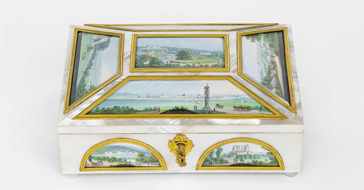 Balthasar Wigand, Sewing kit, ca. 1820, with miniature watercolor views including Spinner at the Cross. Heidi Horten Collection