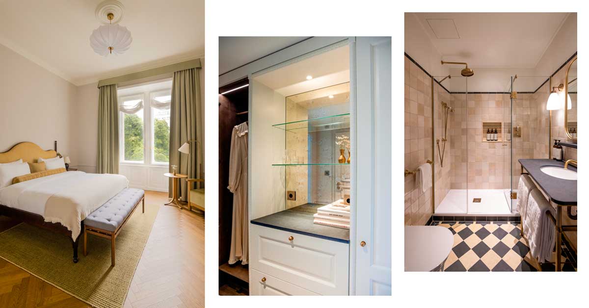 Bedroom, wardrobe with minibar, and bathroom of a Palais Rudolf hotel room in Vienna, featuring calm tones and a mix of vintage and modern design.